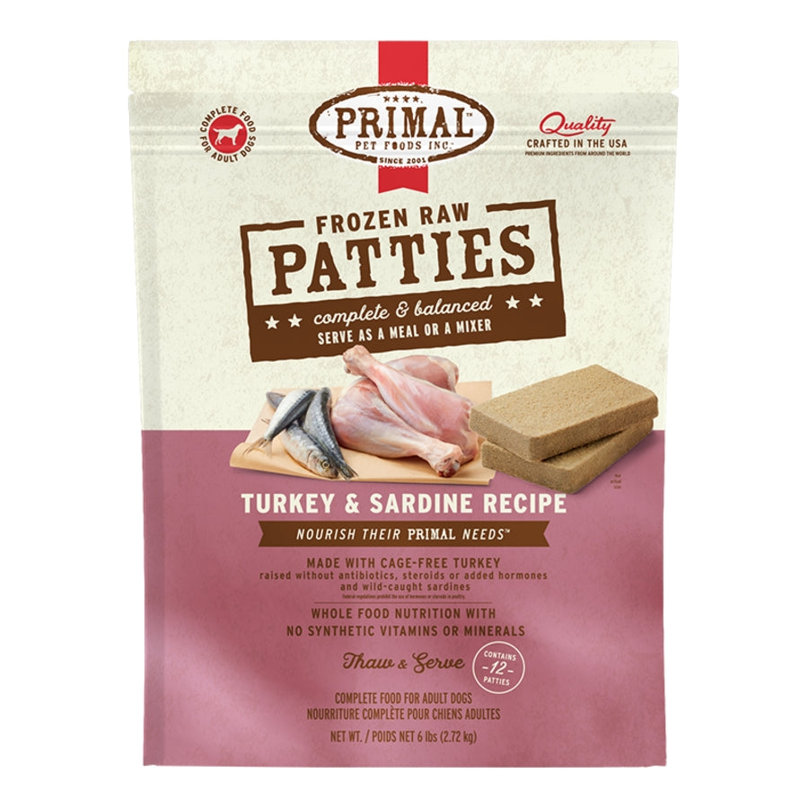 Primal Turkey & Sardine Formula Patties Raw Frozen Dog Food (Size: 6-lb)