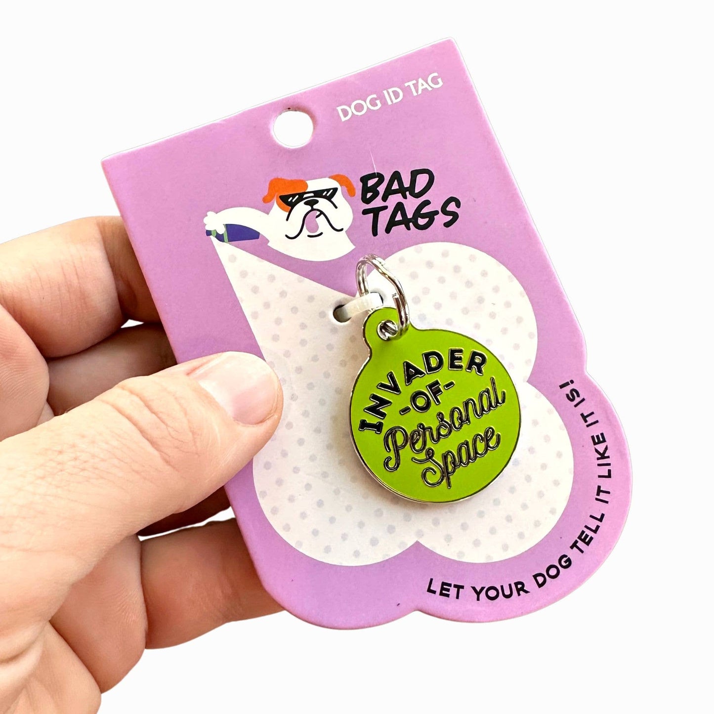 Personalized Dog ID Tag w/ QR Code - Invader Personal Space : Green / Engraved QR Code / Large 1.25"