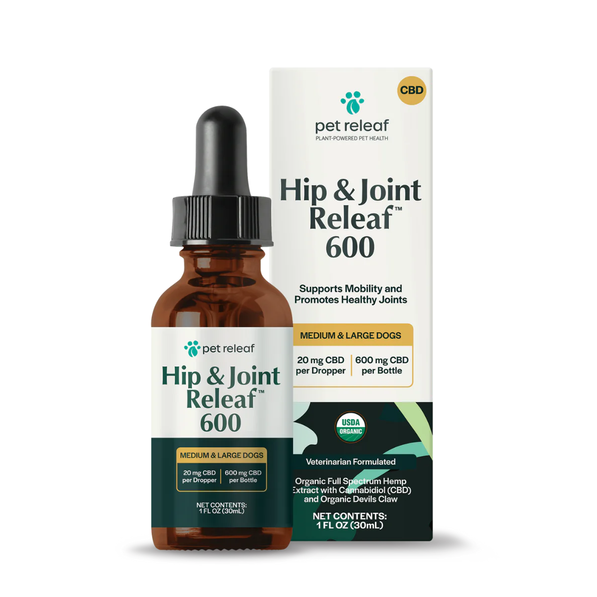 Pet Releaf USDA Organic Hip and Joint Releaf 600mg CBD Oil for Medium & Large Dogs