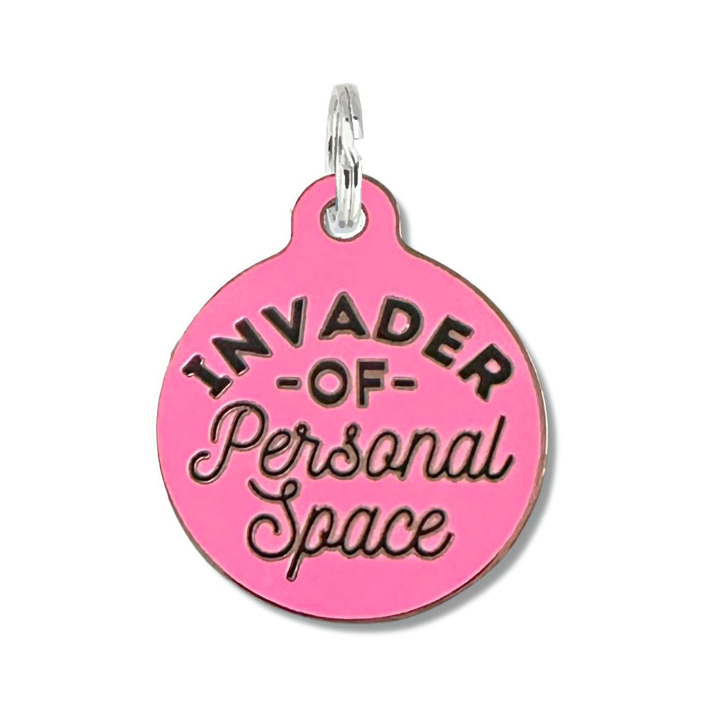 Personalized Dog ID Tag w/ QR Code - Invader Personal Space : Black / Engraved QR Code / Large 1.25"