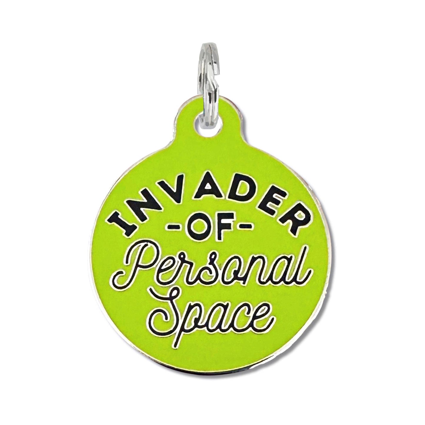 Personalized Dog ID Tag w/ QR Code - Invader Personal Space : Green / Engraved QR Code / Large 1.25"