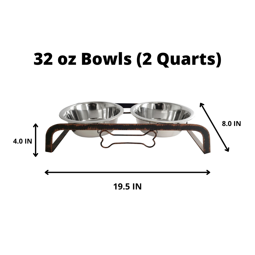 Rustic Elevated Dog Bone Feeder with 2 Stainless Steel Bowls: 2 Quarts