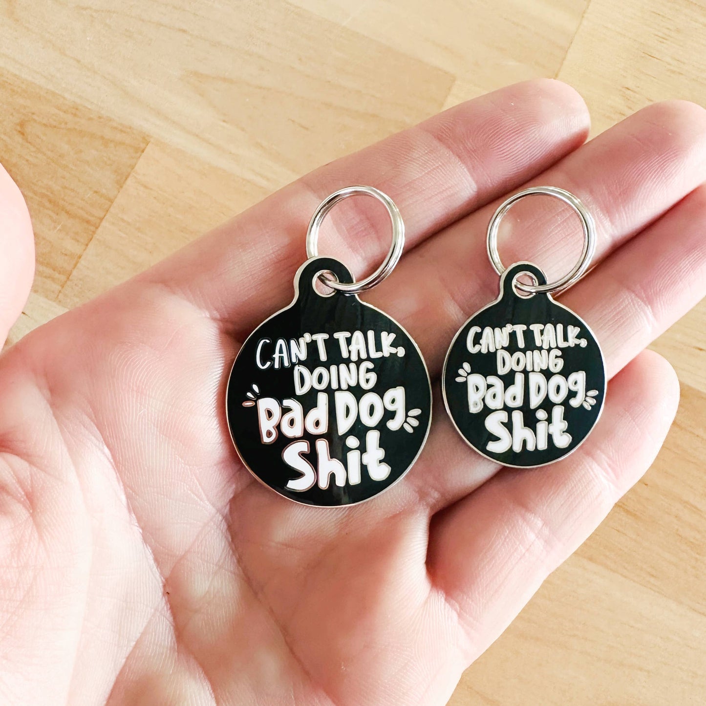 Personalized Pet ID Tag w/ Scannable Code - Bad Dog Shit: Engraved QR Code / Small 1"