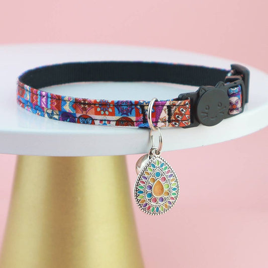 Mokka - Retro Bohemian Style Print Cat Collar: BlueRed