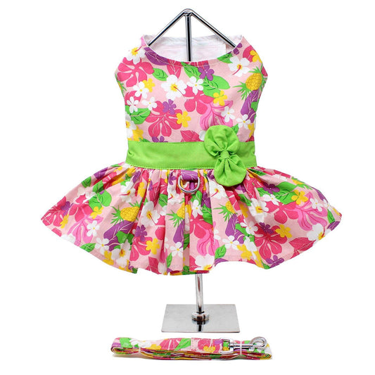 Pink Hawaiian Floral Dog Harness Dress w/ Matching Leash: X-Small