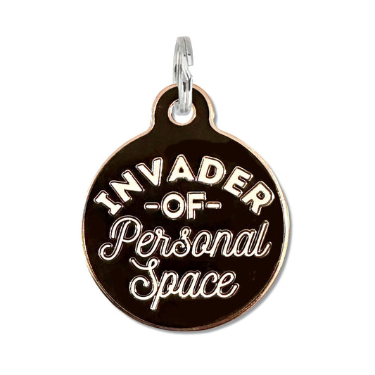 Personalized Dog ID Tag w/ QR Code - Invader Personal Space : Black / Engraved QR Code / Large 1.25"