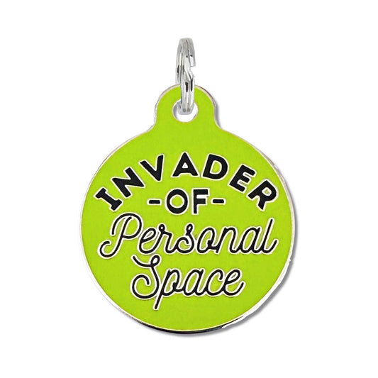 Personalized Dog ID Tag w/ QR Code - Invader Personal Space : Green / Engraved QR Code / Large 1.25"