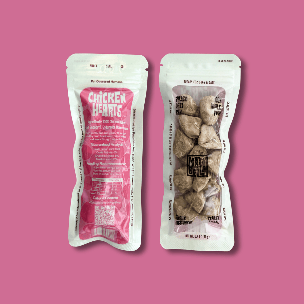 Freeze-Dried Chicken Hearts Treats for Dogs & Cats — Single Ingredient, Grab-and-Go Packs: 10-PACK