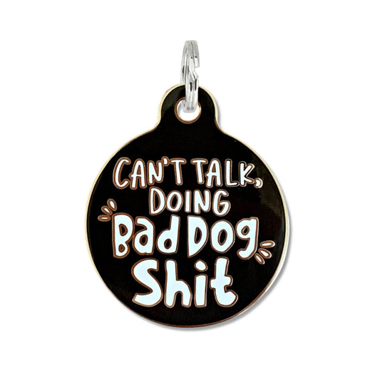 Personalized Pet ID Tag w/ Scannable Code - Bad Dog Shit: Engraved QR Code / Small 1"