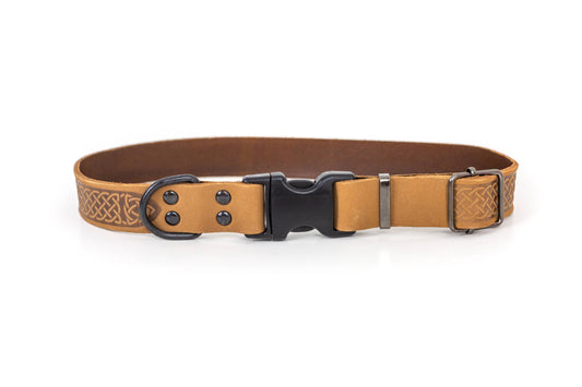 Leather Dog Collar Soft Celtic Sport Style: Tan Soft / XL 1" Wide 16"-26" Range