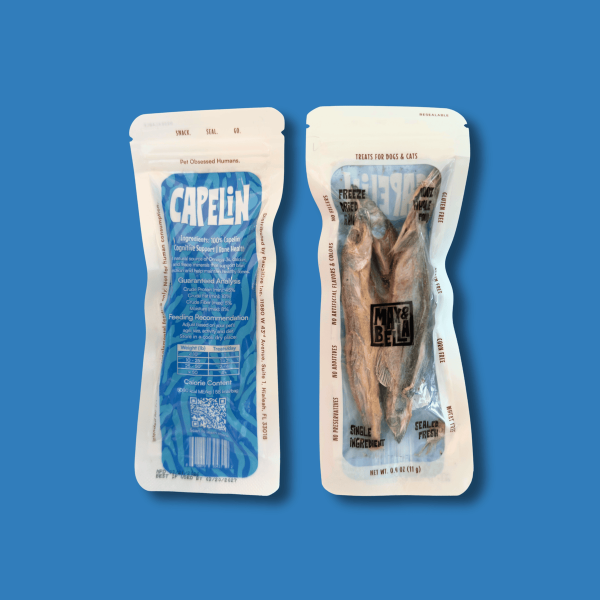 Freeze-Dried Capelin Treats for Dogs & Cats — Single Ingredient, Grab-and-Go Packs: 10-Pack