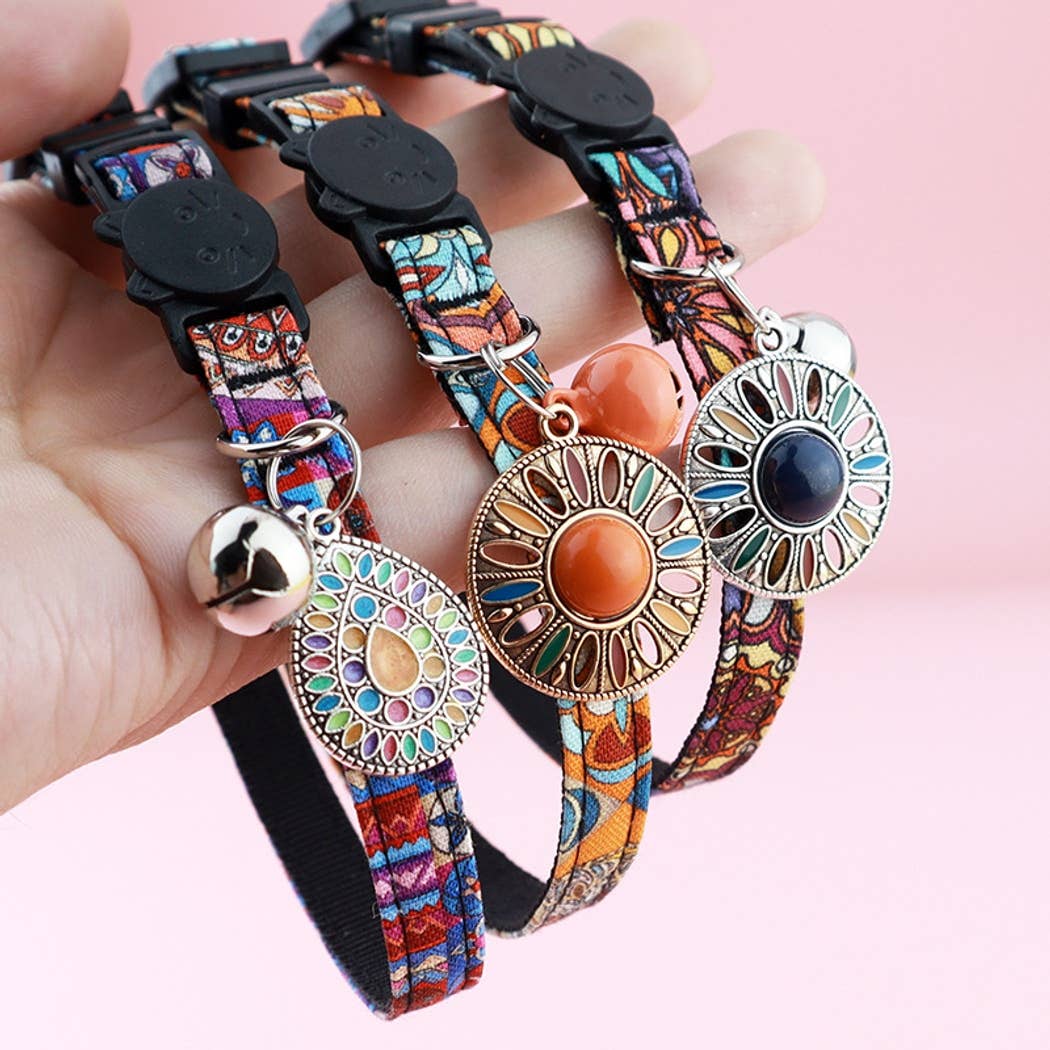 Mokka - Retro Bohemian Style Print Cat Collar: Navy