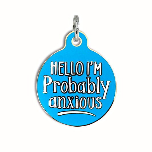 Dog ID Tag with Personalized QR Code - Hello I'm Anxious: Blue / Engraved QR Code / Small 1"