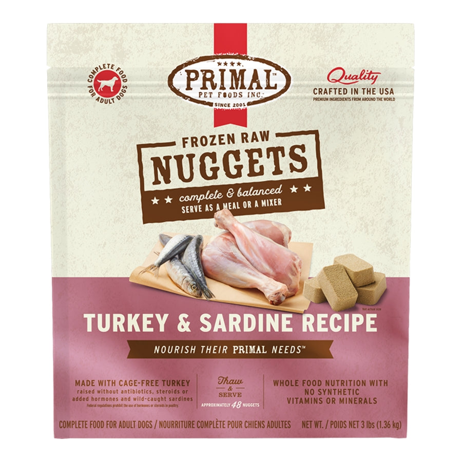 Primal Raw Frozen Nuggets Turkey & Sardine Formula Dog Food (Size: 3lbs)